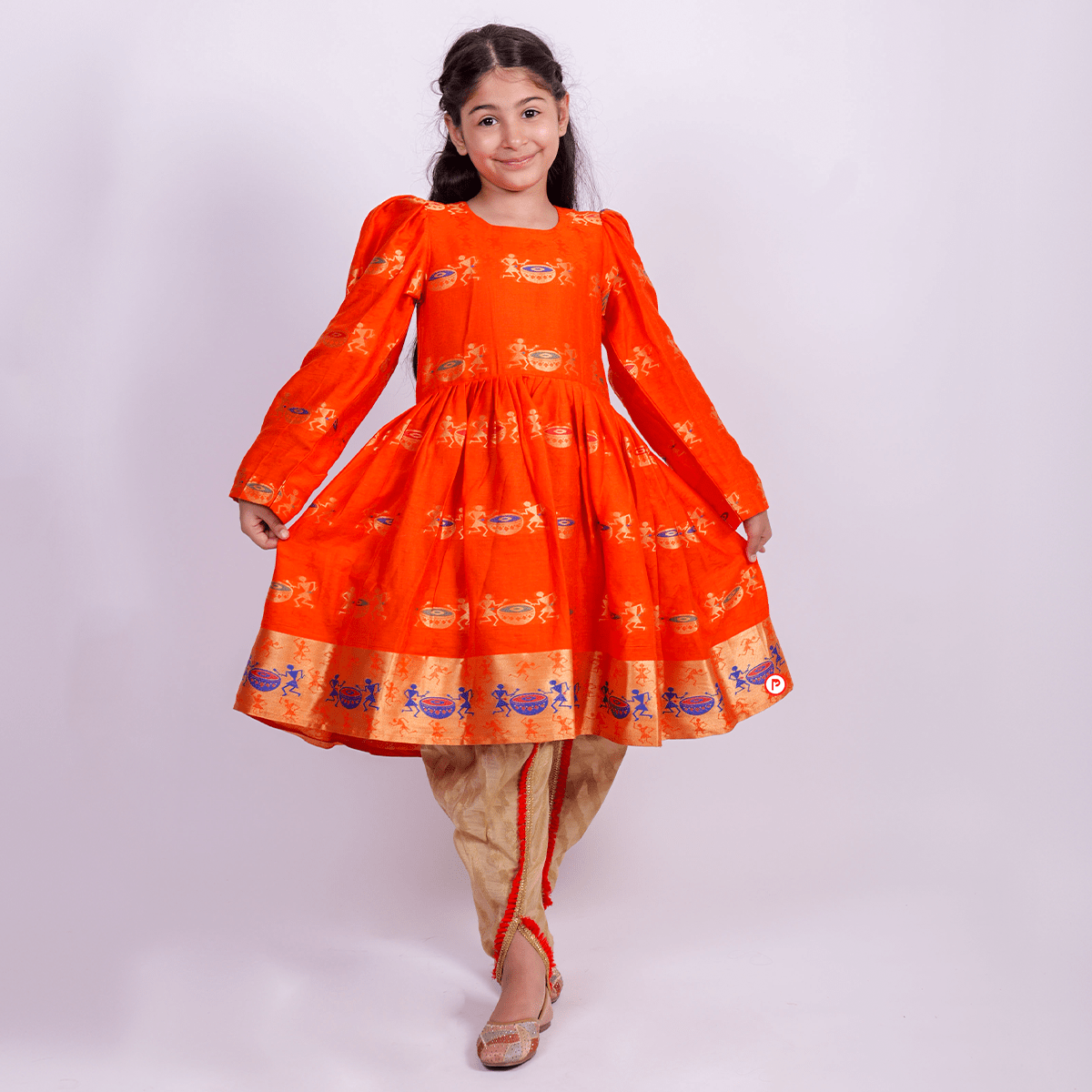 Drum Printed Orange Kurta and dhoti set