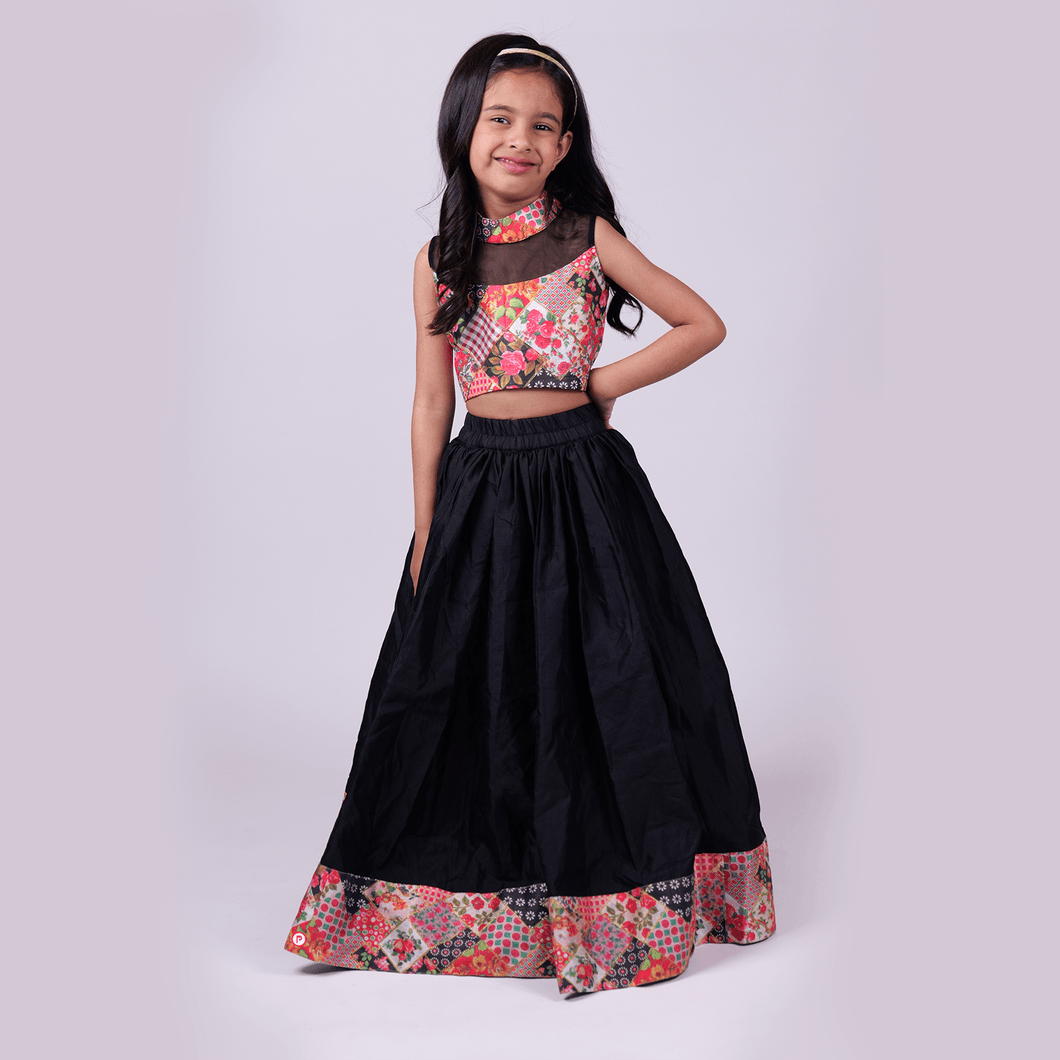 Black Silk Lehenga With Crop Top