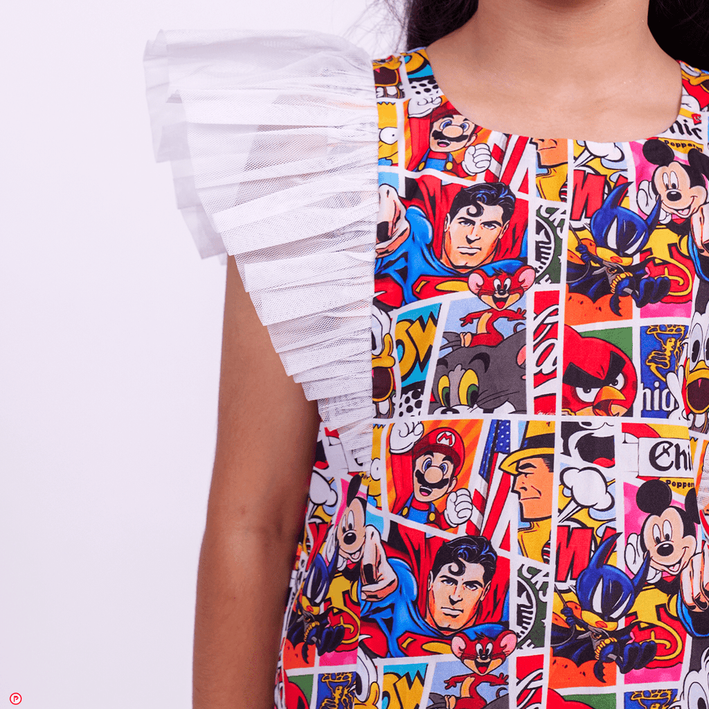Cartoon print dress with Butterfly Sleeves