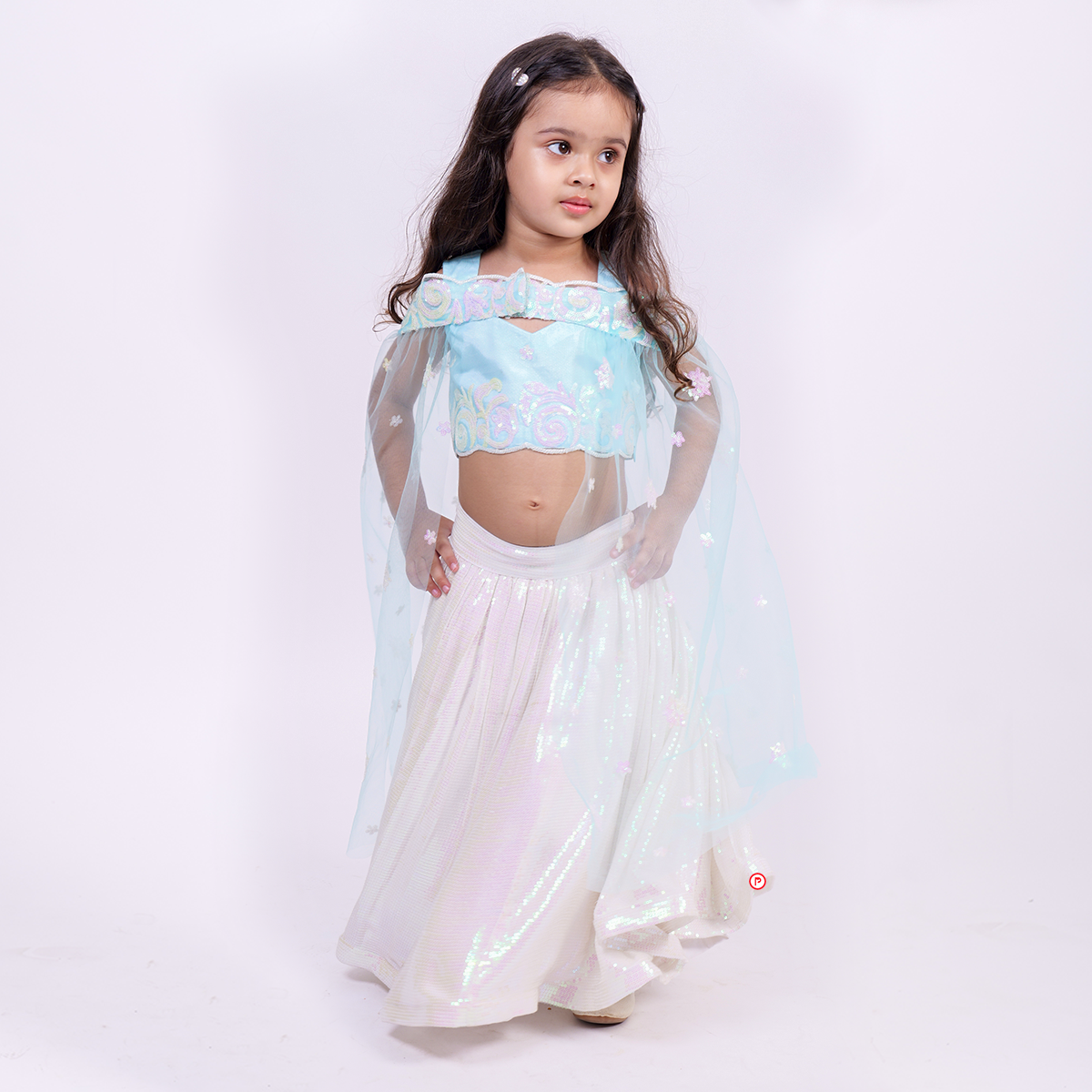 White Sequence Lehenga With Sky Blue Crop Top