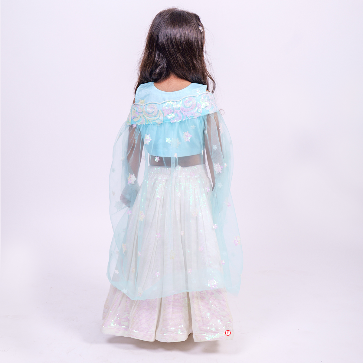 White Sequence Lehenga With Sky Blue Crop Top