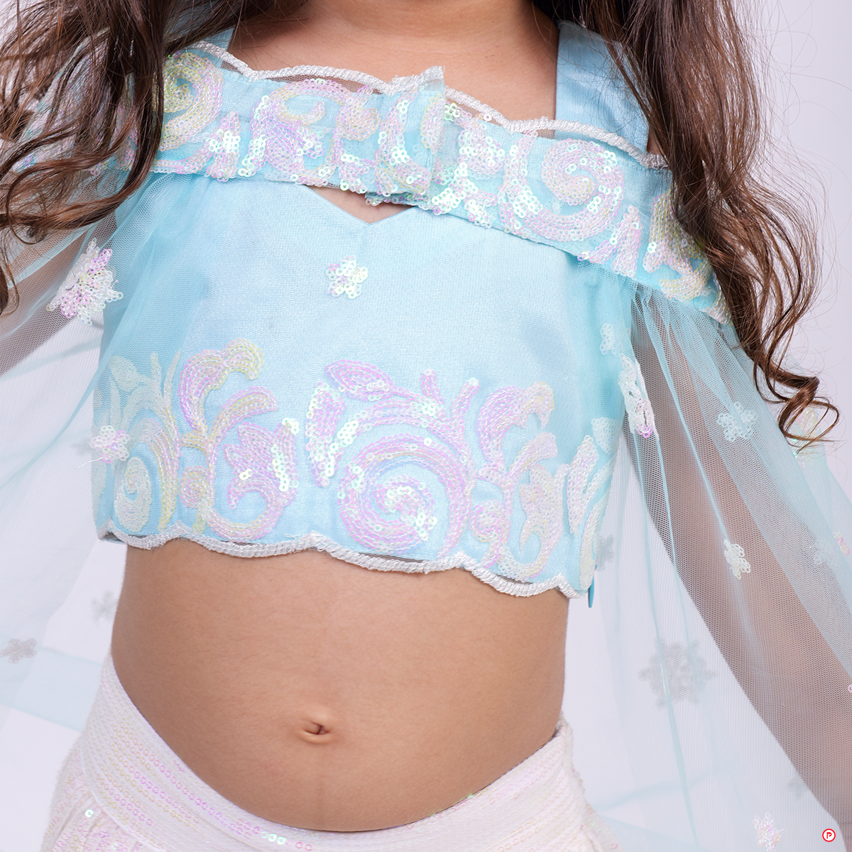White Sequence Lehenga With Sky Blue Crop Top