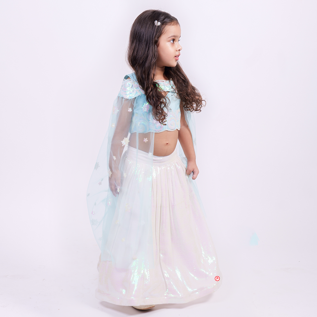 White Sequence Lehenga With Sky Blue Crop Top