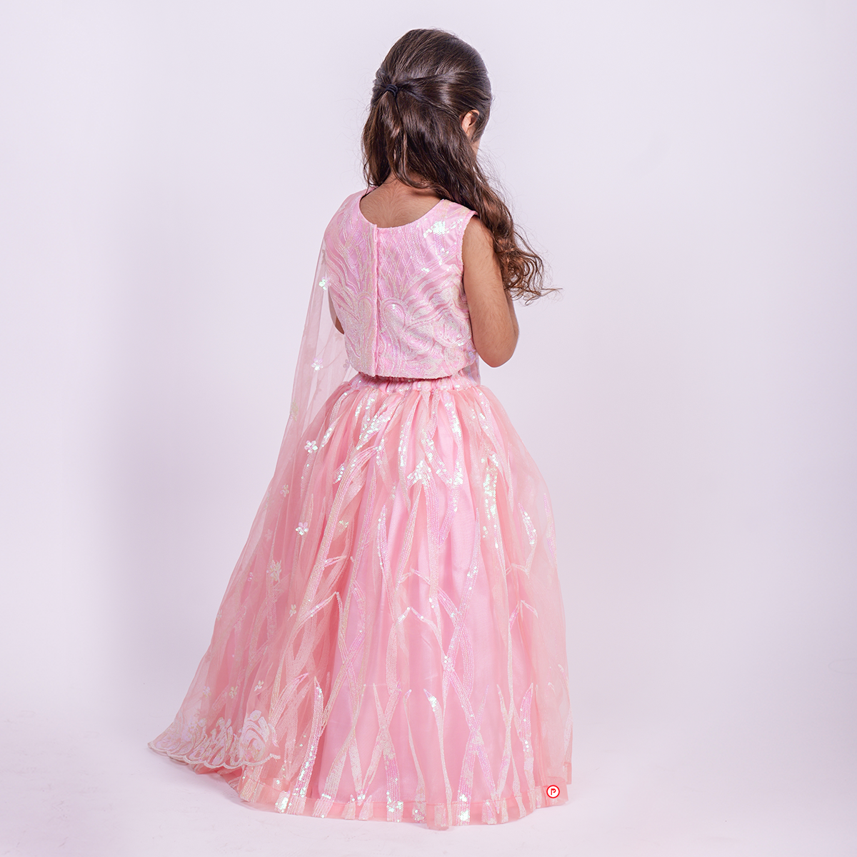 Pink Net Embroidered Lehenga With Crop Top