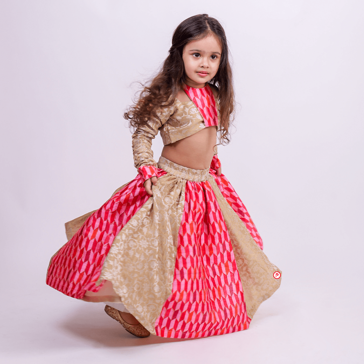 Golden And Pink Printed Lehenga With Choli