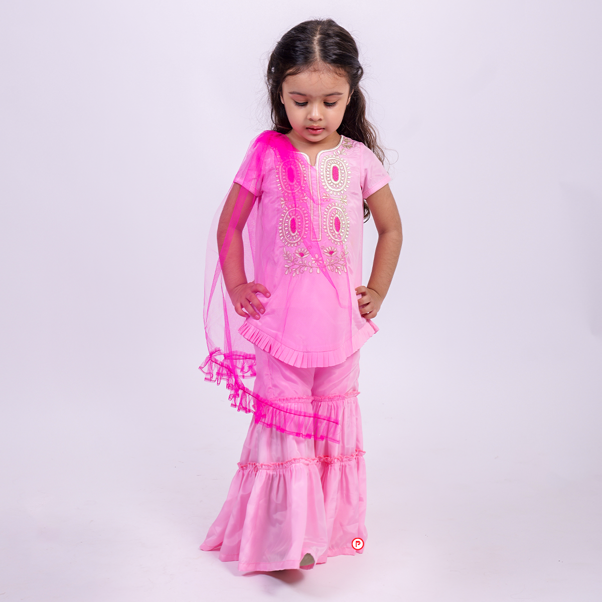 Pink Embroided Suit with Sharara and Dupatta