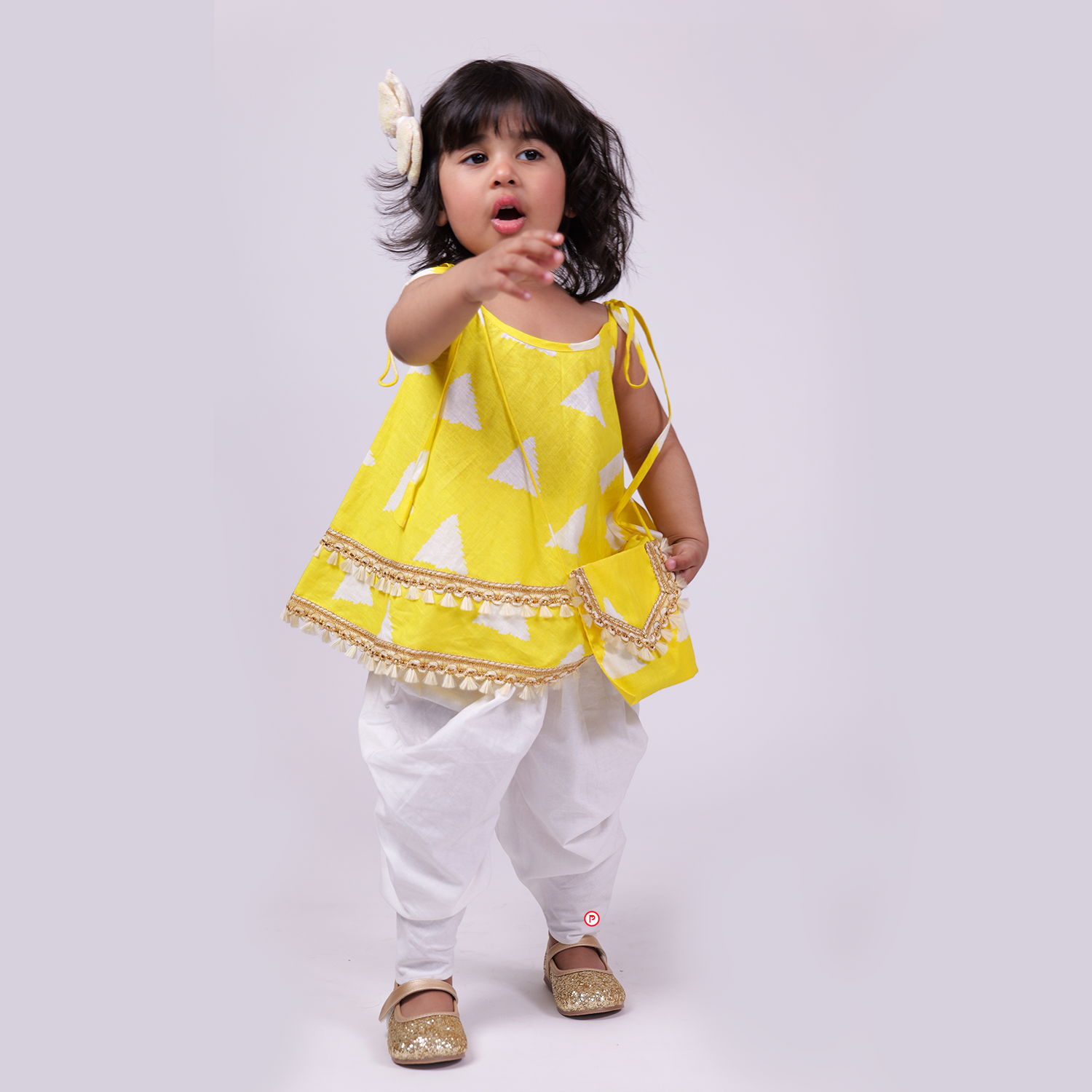 Yellow Layered Kurti And Dhoti With Designer Bag