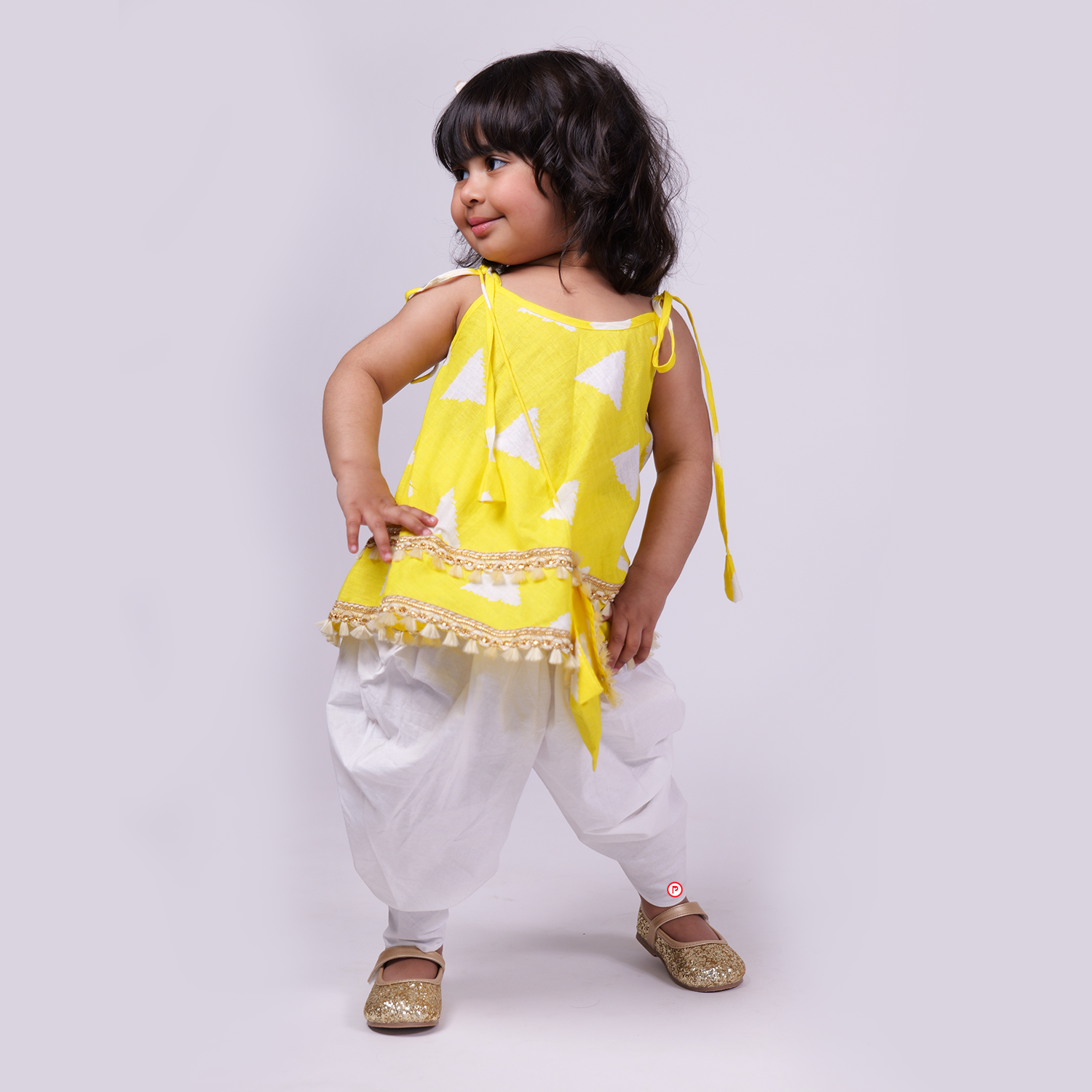 Yellow Layered Kurti And Dhoti With Designer Bag