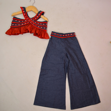 Load image into Gallery viewer, Red crisscross Top With Blue Pant

