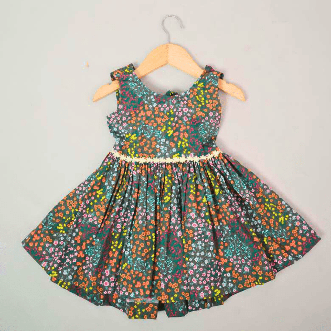 Green Flower Printed Dress with Back Tie