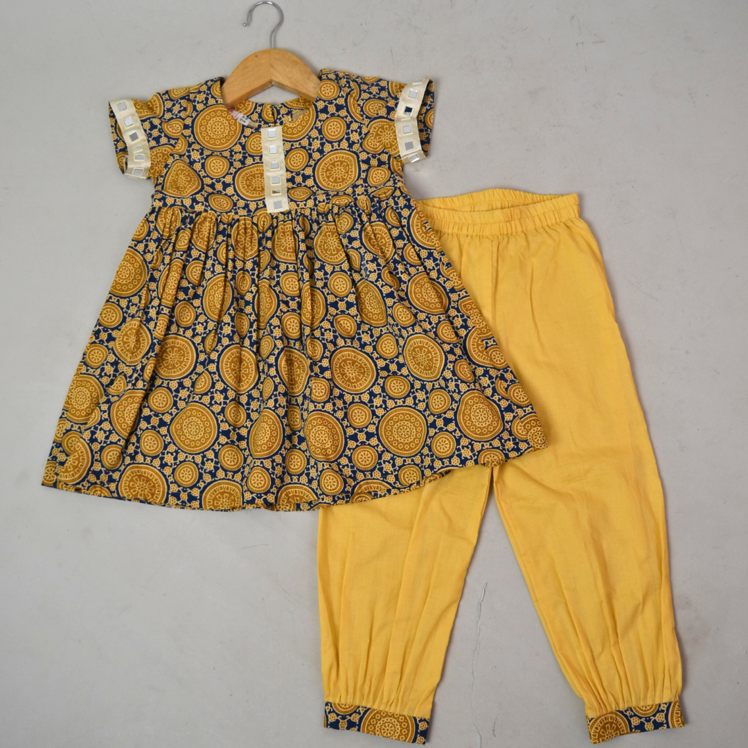 Mustard Yellow Frock Mirror Work With Designer Pant