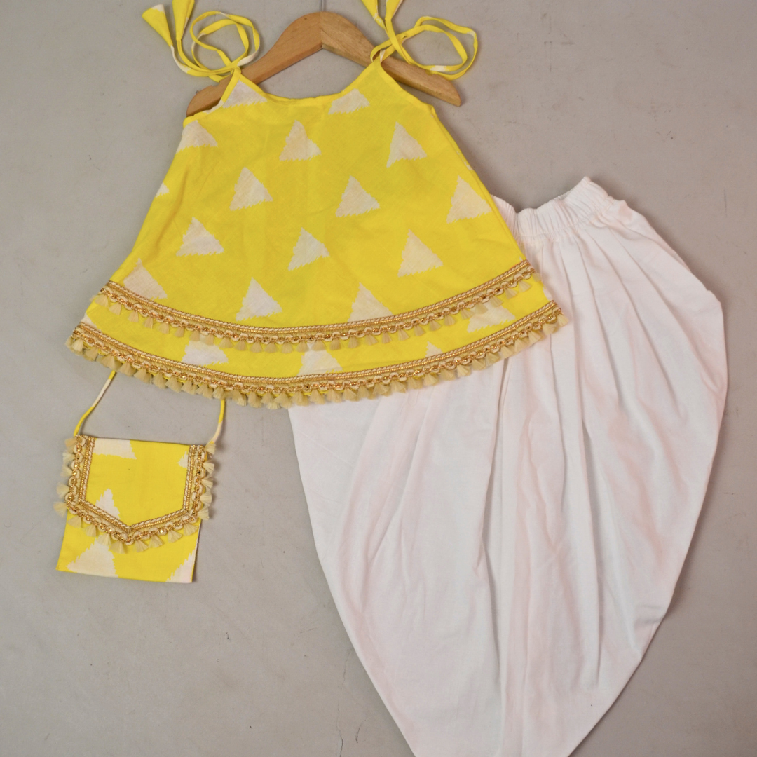 Yellow Layered Kurti And Dhoti With Designer Bag