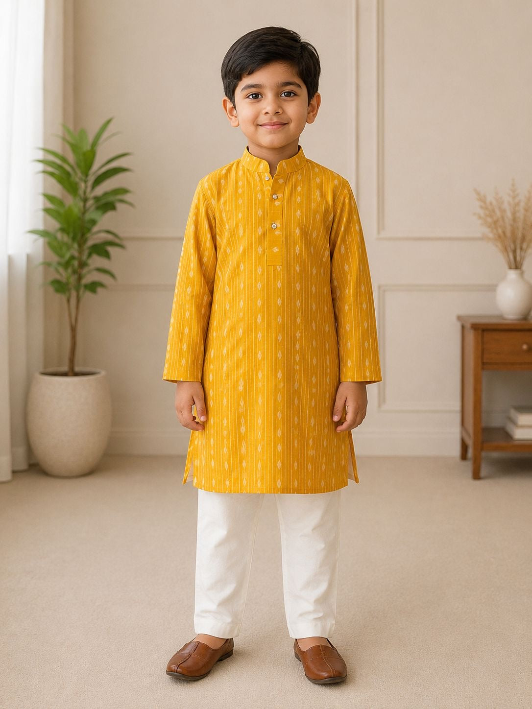 BOYS MUSTARD YELLOW KURTA PAJAMA SET WITH THREADWORK