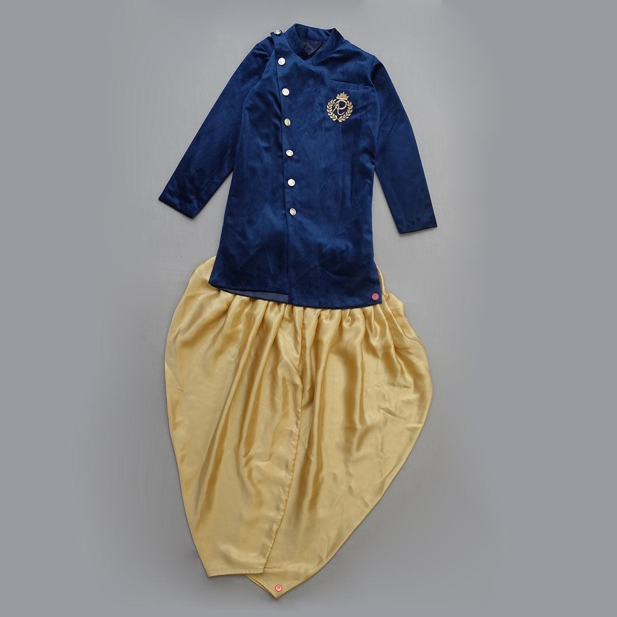 Blue Velvet Angrakha Sherwani with Dhoti