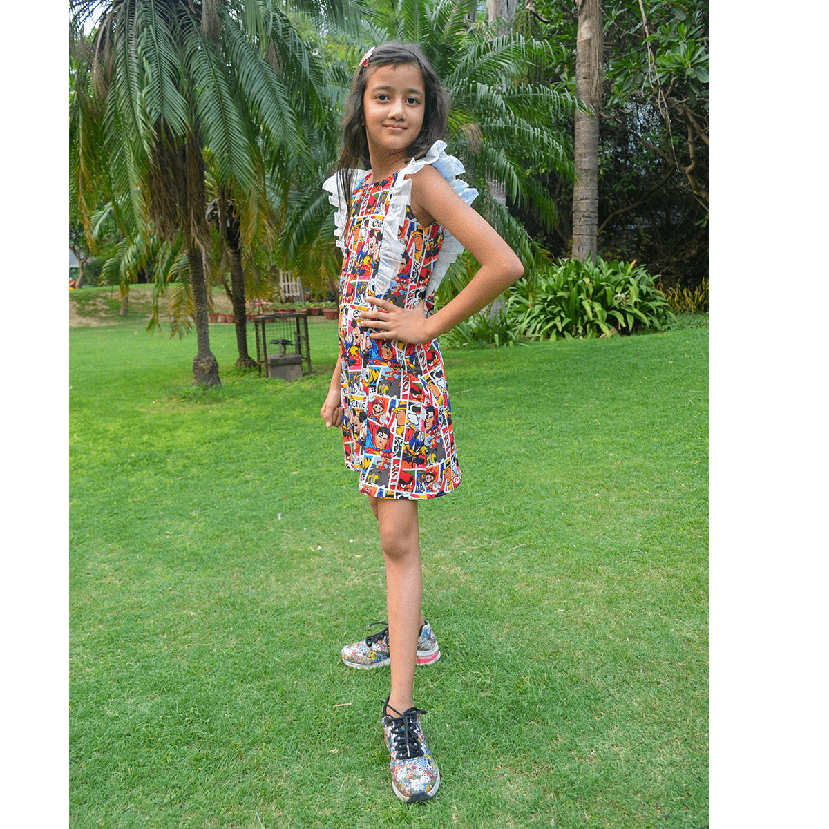 Cartoon print dress with Butterfly Sleeves