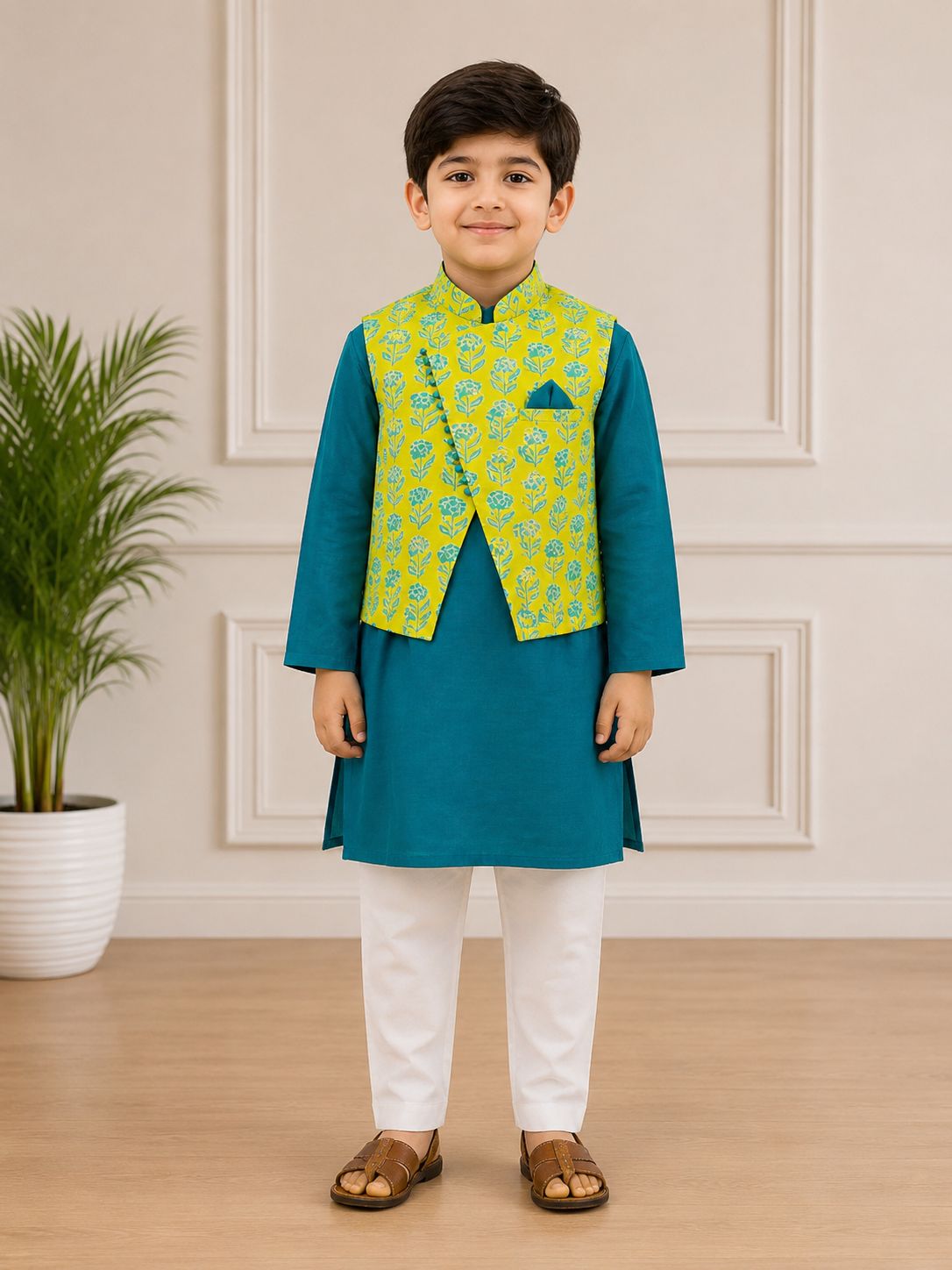 BOYS FEROZI KURTA SET WITH YELLOW PRINTED JACKET