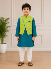 BOYS FEROZI KURTA SET WITH YELLOW PRINTED JACKET