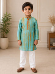 BLUE ORANGE SHIBORI PRINT SILK KURTA PAJAMA