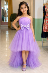 Lilac dress with frills and detachable trail