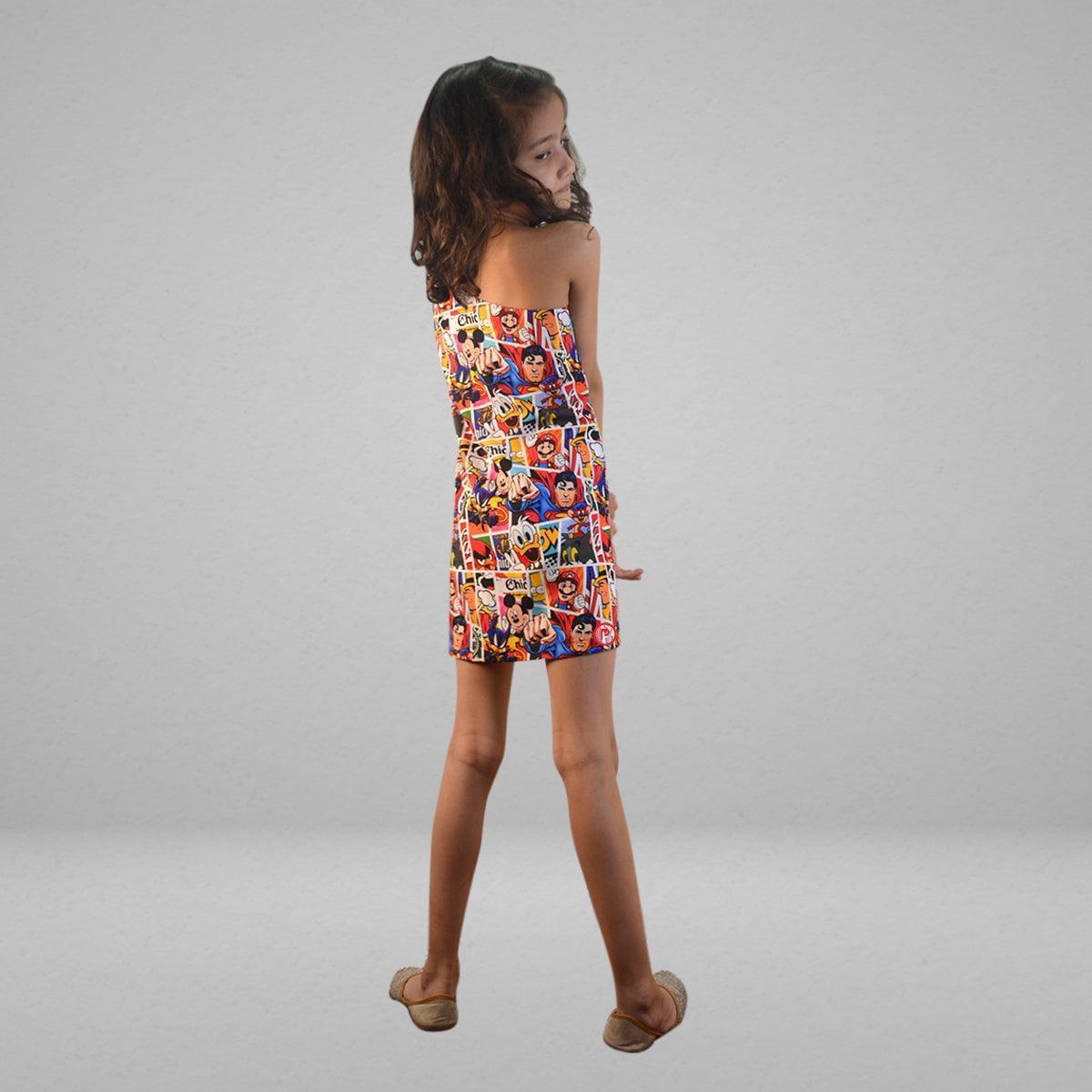 Cartoon Printed One Sided Sleeve Dress