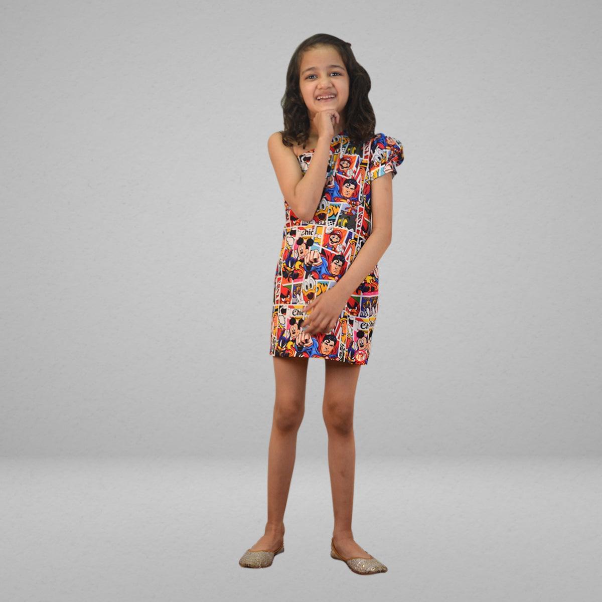 Cartoon Printed One Sided Sleeve Dress