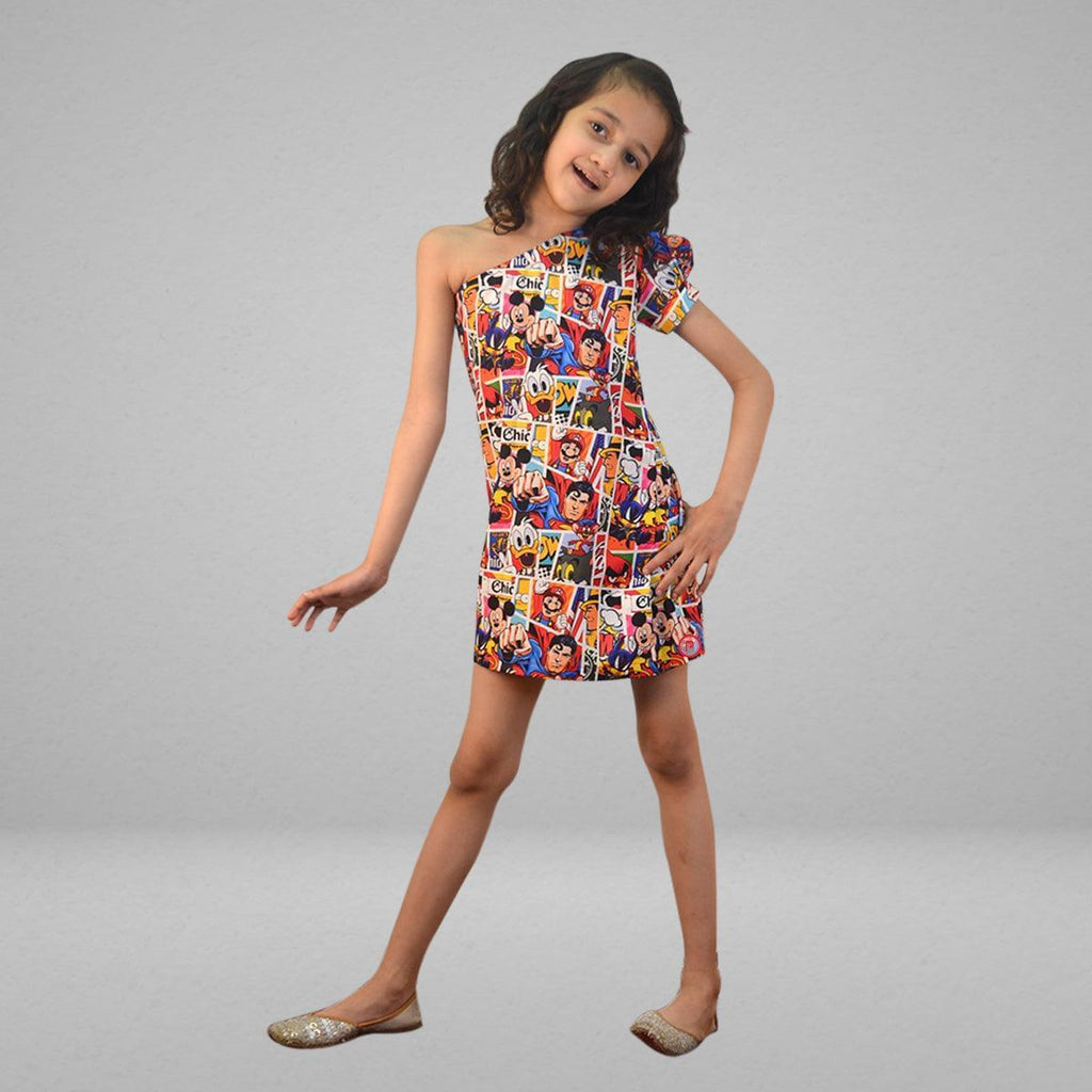 Cartoon Printed One Sided Sleeve Dress