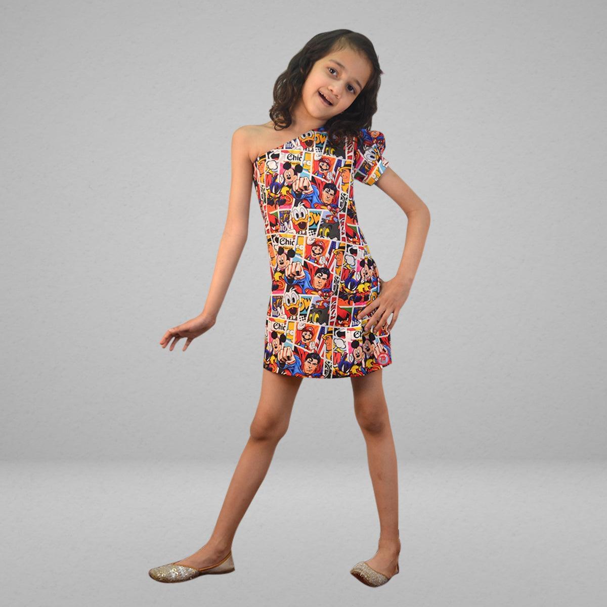Cartoon Printed One Sided Sleeve Dress