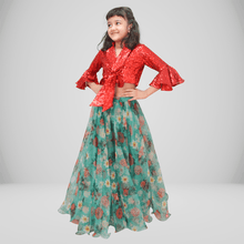 Load image into Gallery viewer, Green Floral Organza Lehenga with Red Sequin Top - Picco Ricco 
