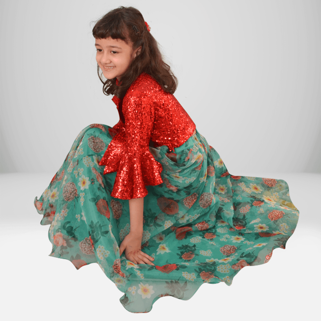 Green Floral Organza Lehenga with Red Sequin Top - Picco Ricco 