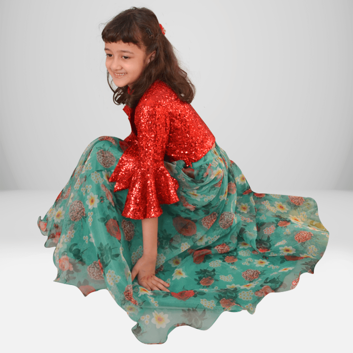 Green Floral Organza Lehenga with Red Sequin Top - Picco Ricco 