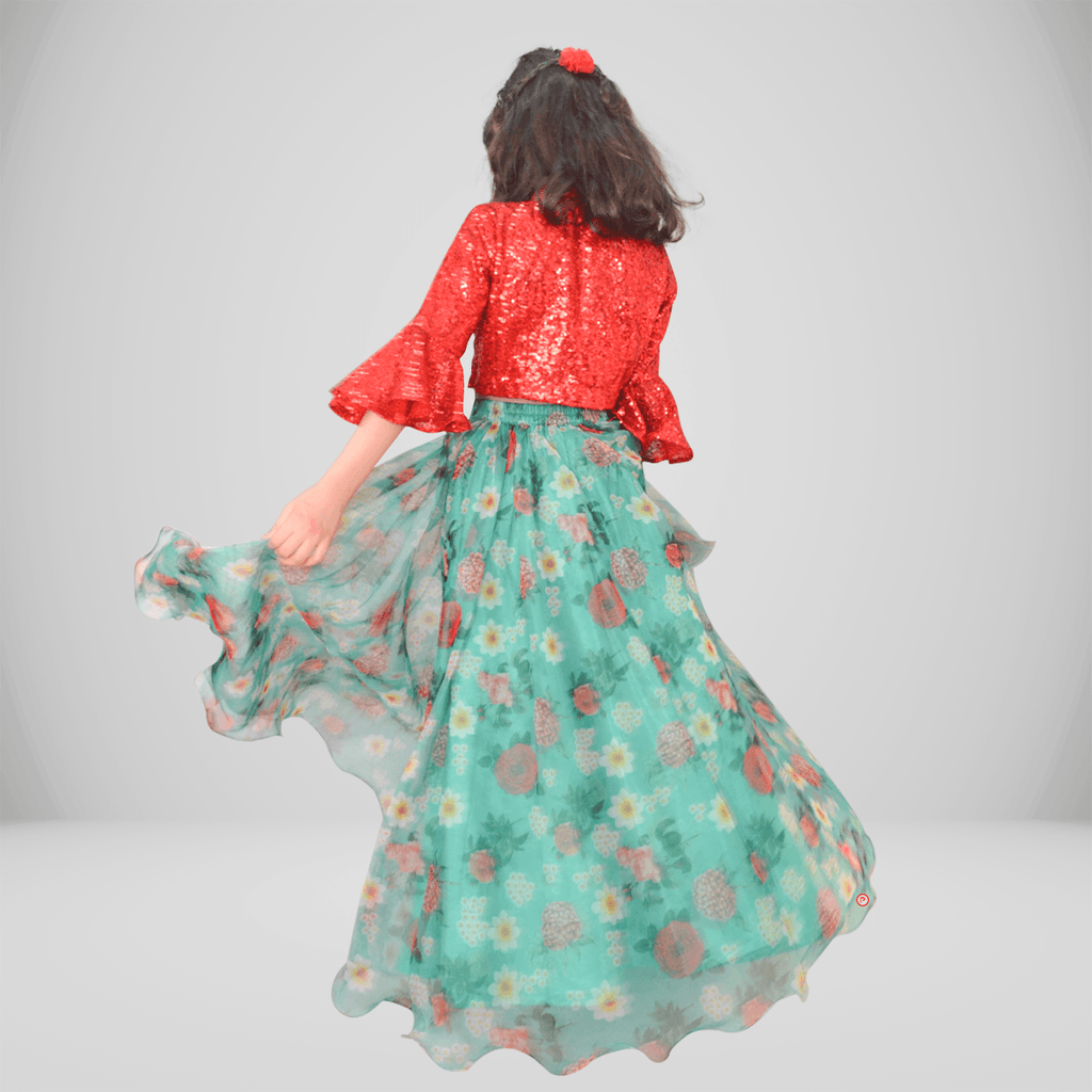 Green Floral Organza Lehenga with Red Sequin Top - Picco Ricco 