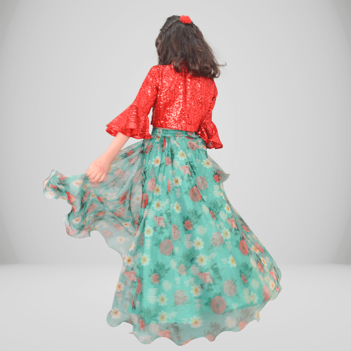 Green Floral Organza Lehenga with Red Sequin Top - Picco Ricco 