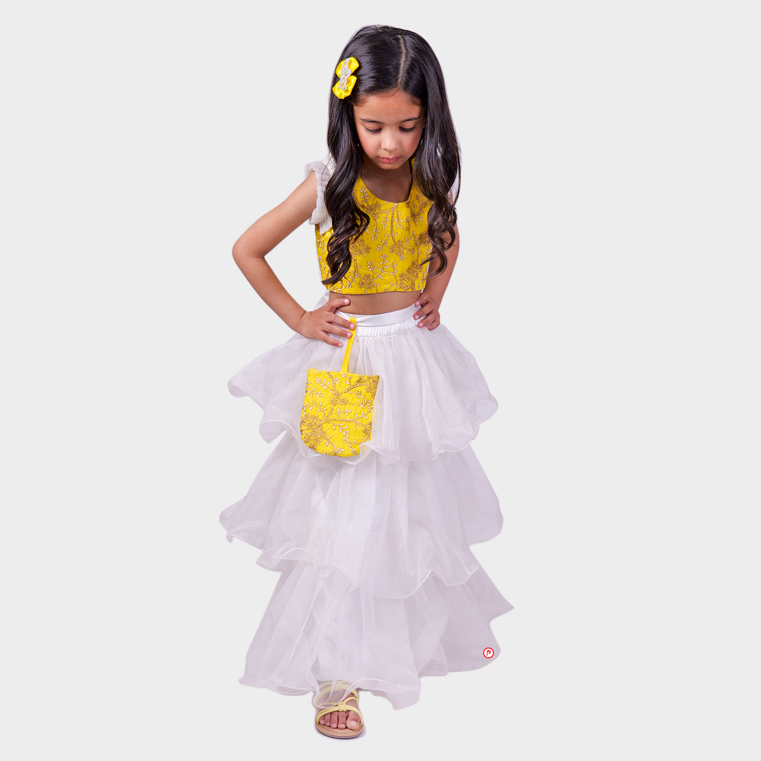 White Lehenga with Yellow Crop Top
