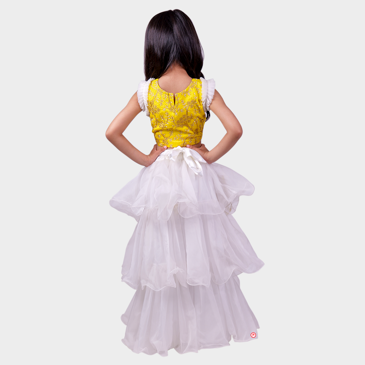 White Lehenga with Yellow Crop Top