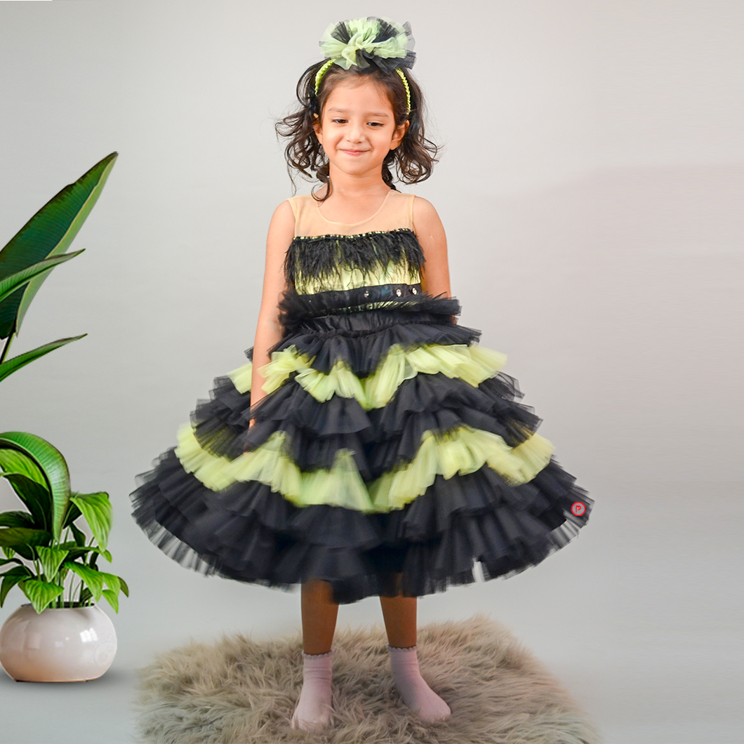 Black and  Lime Green Ruffle Dress With Hair Accessory