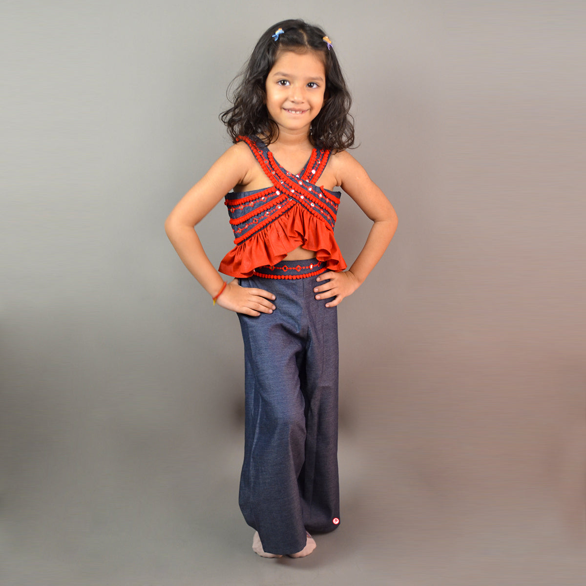 Red crisscross Top With Blue Pant