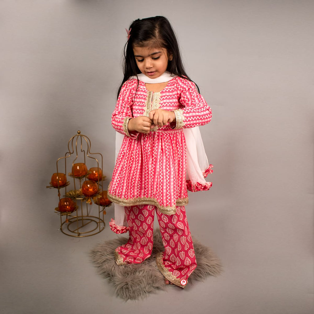 Block Pink Kurta with Palazzo & Dupatta