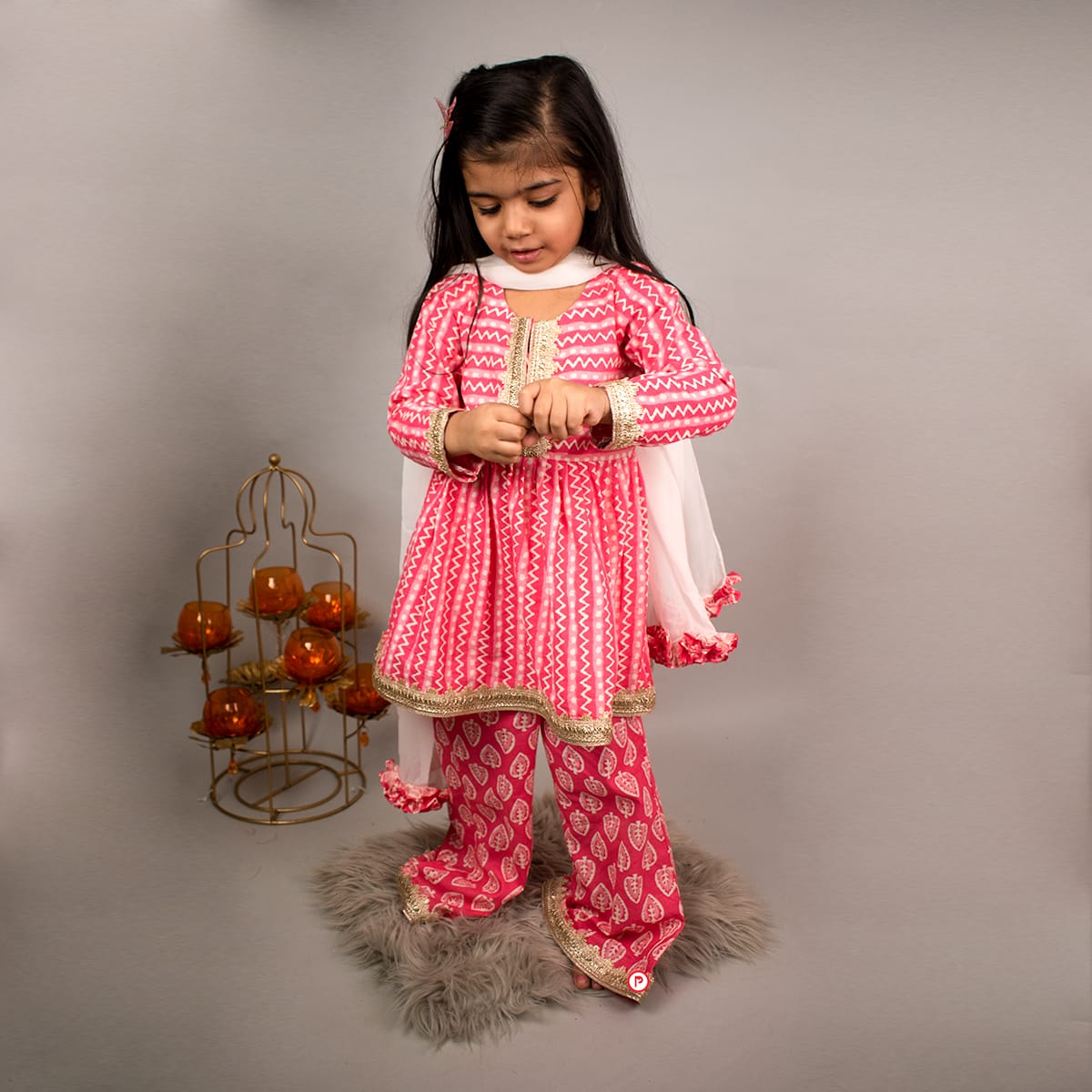 Block Pink Kurta with Palazzo & Dupatta