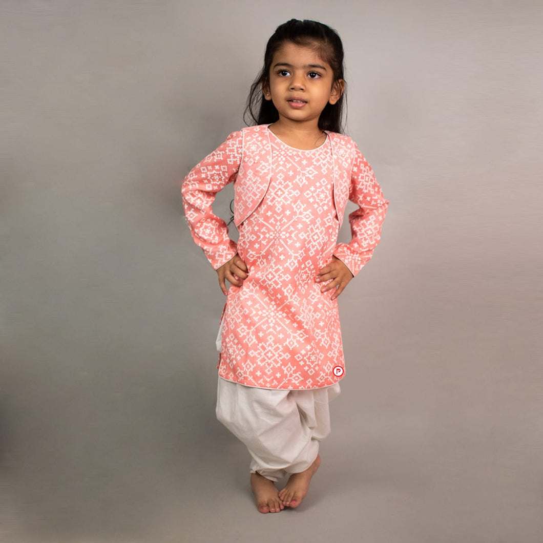 Pink Suit With PinkNet Jacket And White Dhoti