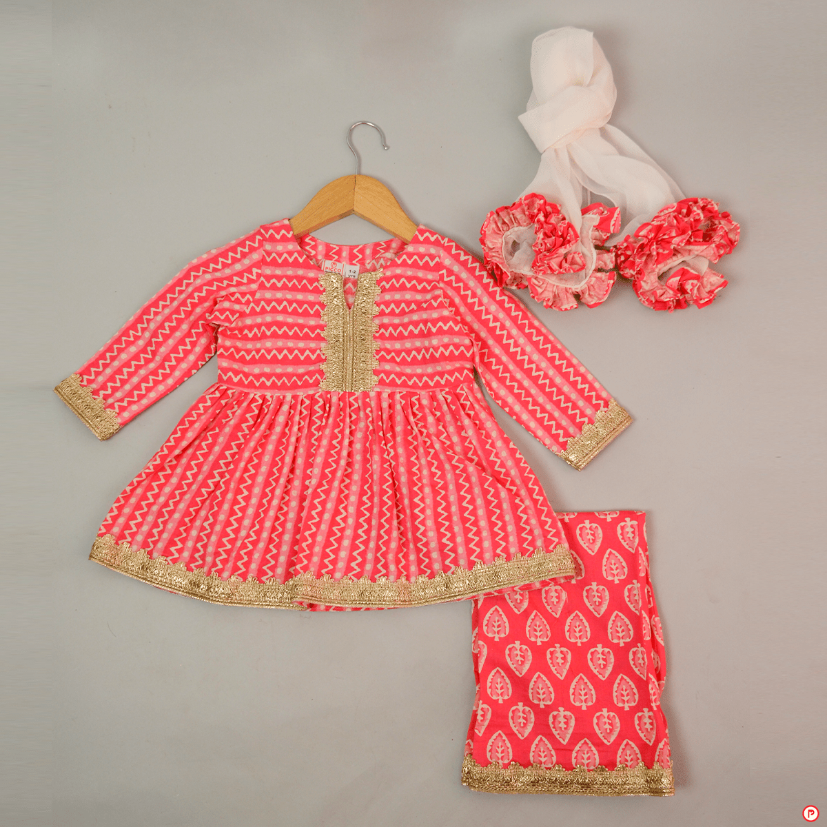 Block Pink Kurta with Palazzo & Dupatta