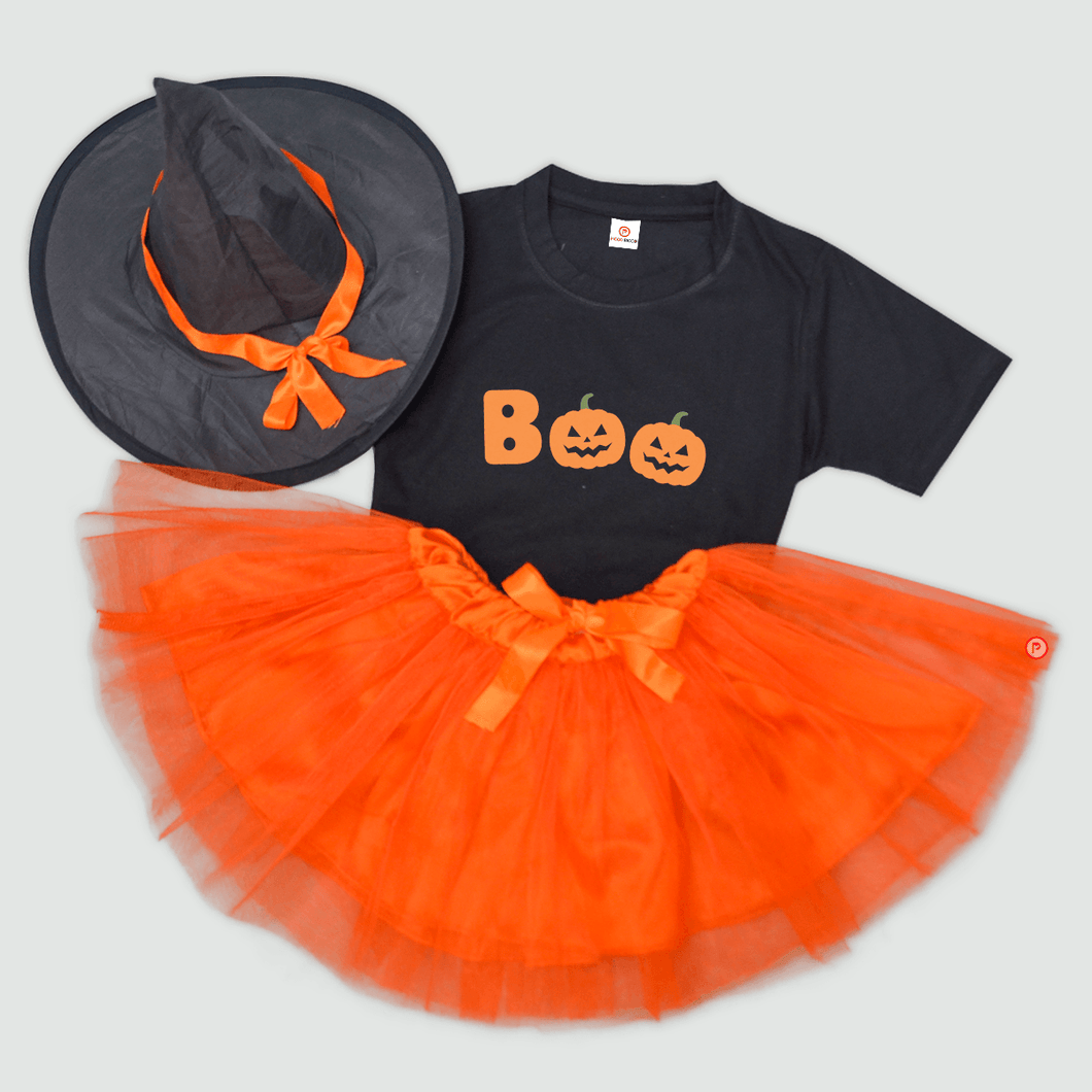 Halloween Graphic Print T-shirt and Flared Knee Length Skirt with Hat - Picco Ricco 