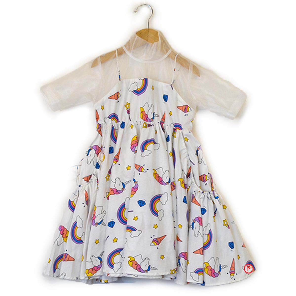 White Unicorn Casual Dress With Illusion Organza Top - Picco Ricco 