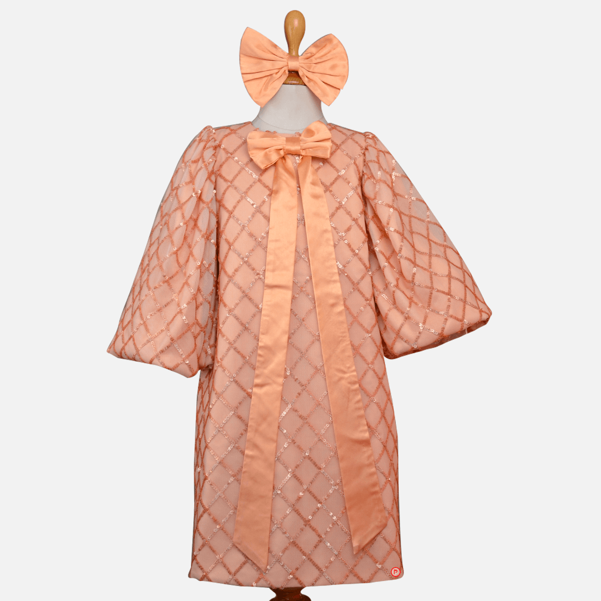 Sequins Embellished Balloon Sleeves Peach Party Gown - Picco Ricco 