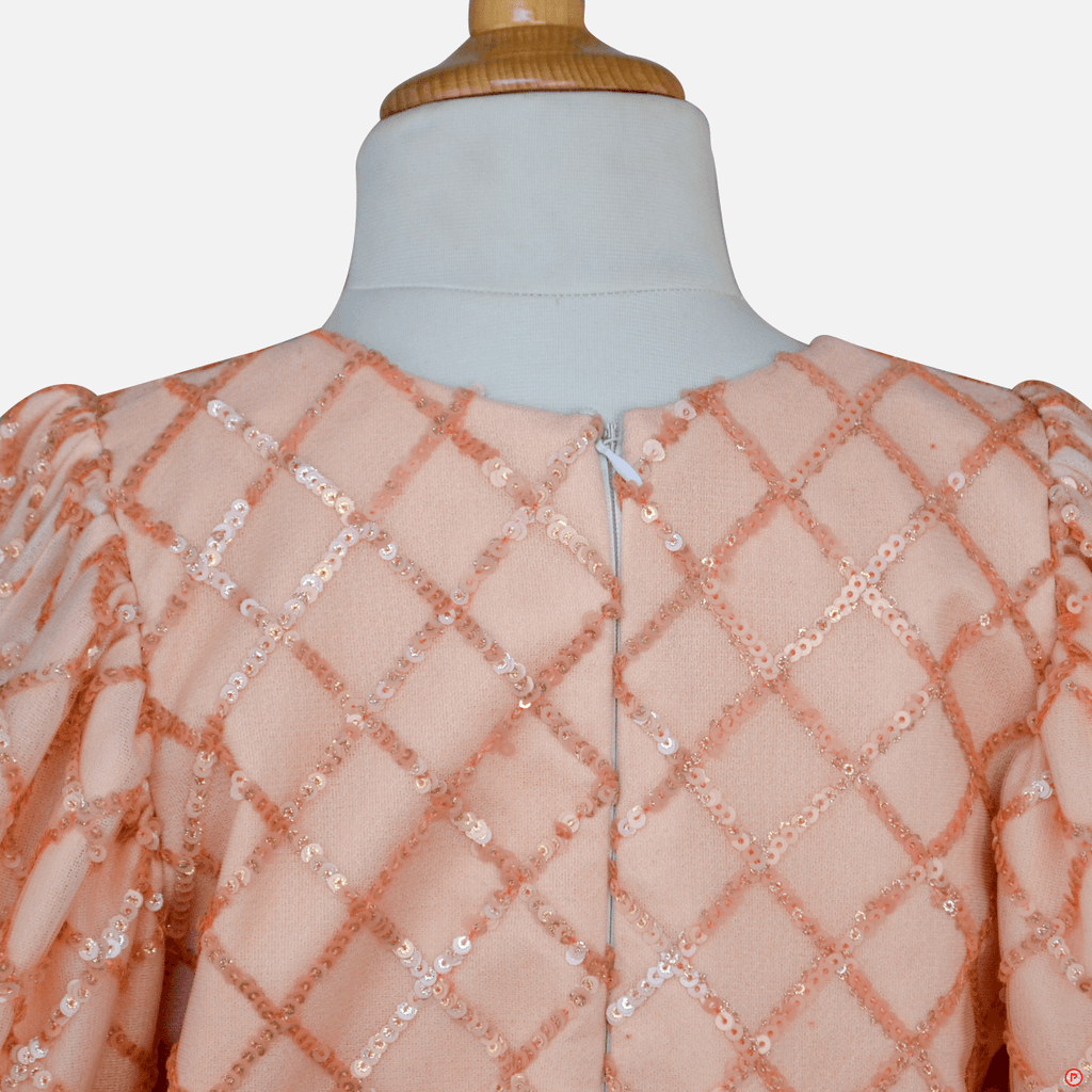 Sequins Embellished Balloon Sleeves Peach Party Gown - Picco Ricco 