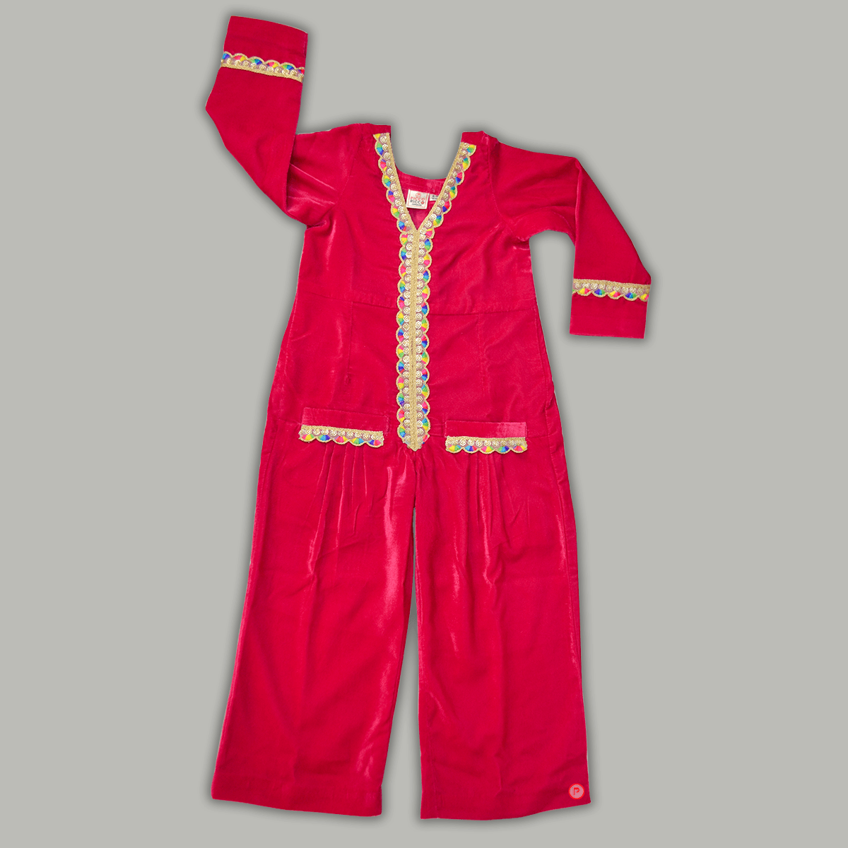 Pink Velvet Jumpsuit With Lace Work - Picco Ricco 
