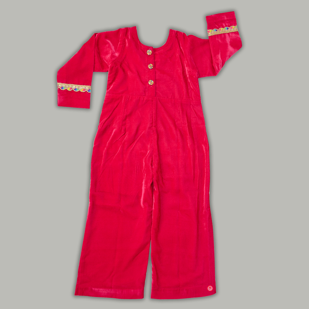 Pink Velvet Jumpsuit With Lace Work - Picco Ricco 