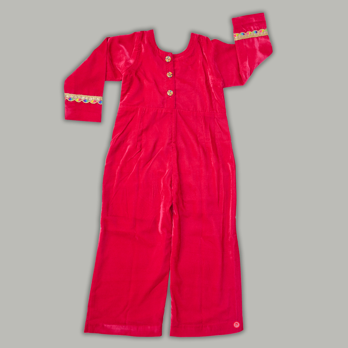 Pink Velvet Jumpsuit With Lace Work - Picco Ricco 