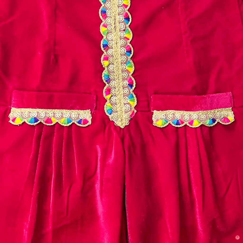 Pink Velvet Jumpsuit With Lace Work - Picco Ricco 