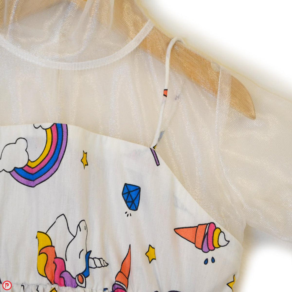 White Unicorn Casual Dress With Illusion Organza Top - Picco Ricco 
