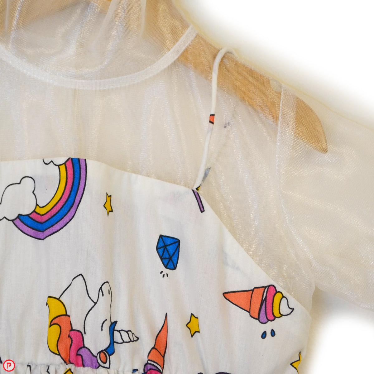 White Unicorn Casual Dress With Illusion Organza Top - Picco Ricco 